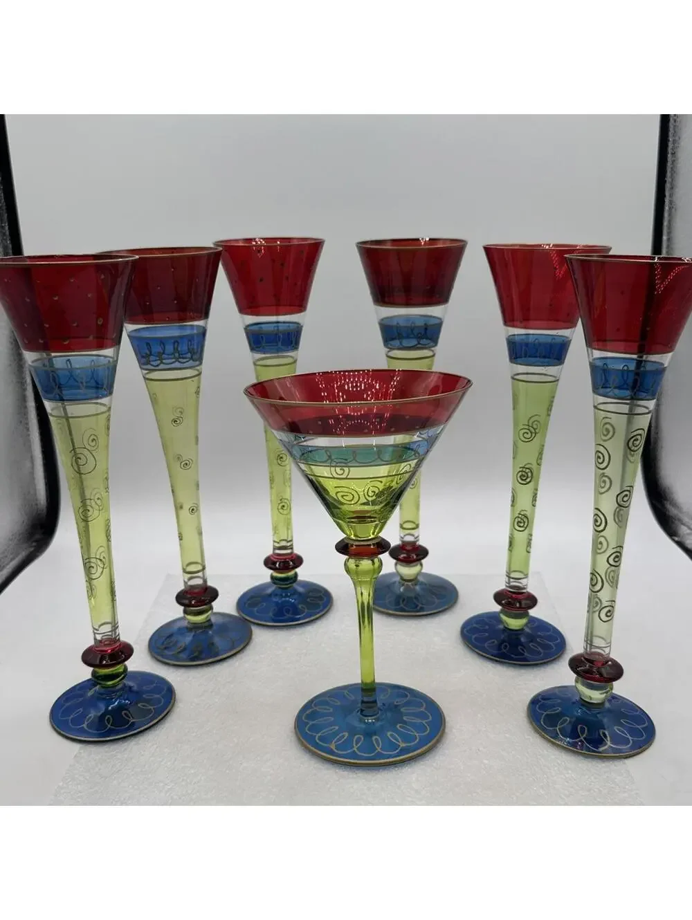 Lot 6 A Pier One 10.75” Hand Painted Glass Champagne Flutes & 1 Martini Glass